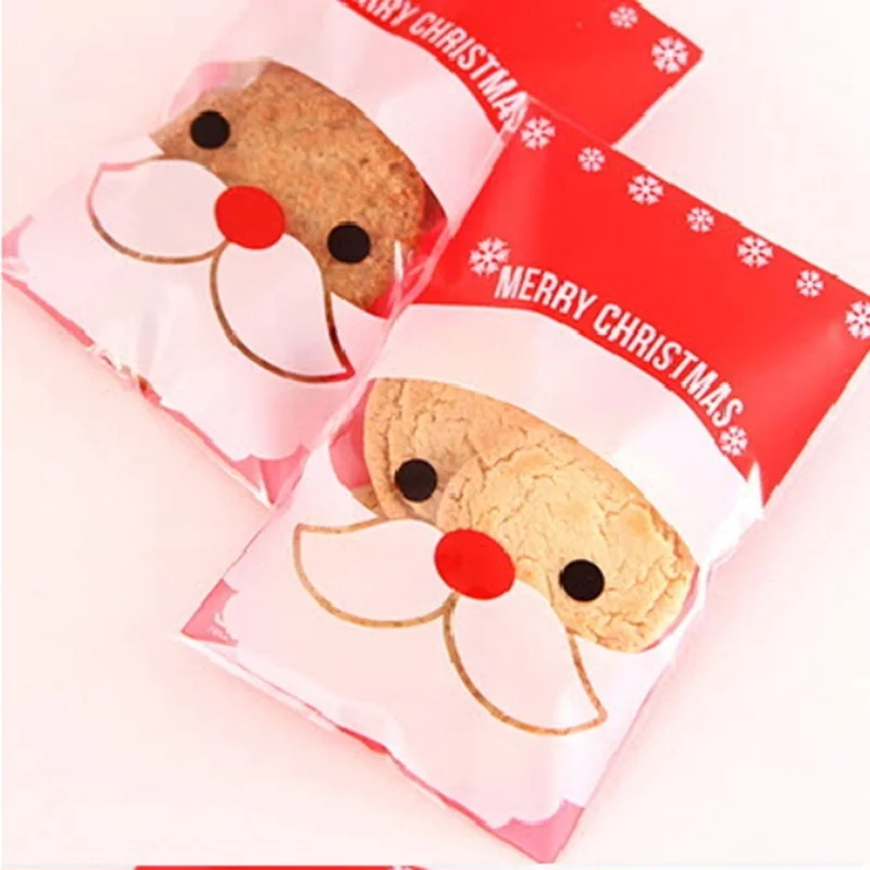 100pcs Christmas Candy Cookies Bags Gift OPP Packing Pouch Self Adhesive Santa Cellophane Party Treat Cake Gift Bag Xmas Decor 