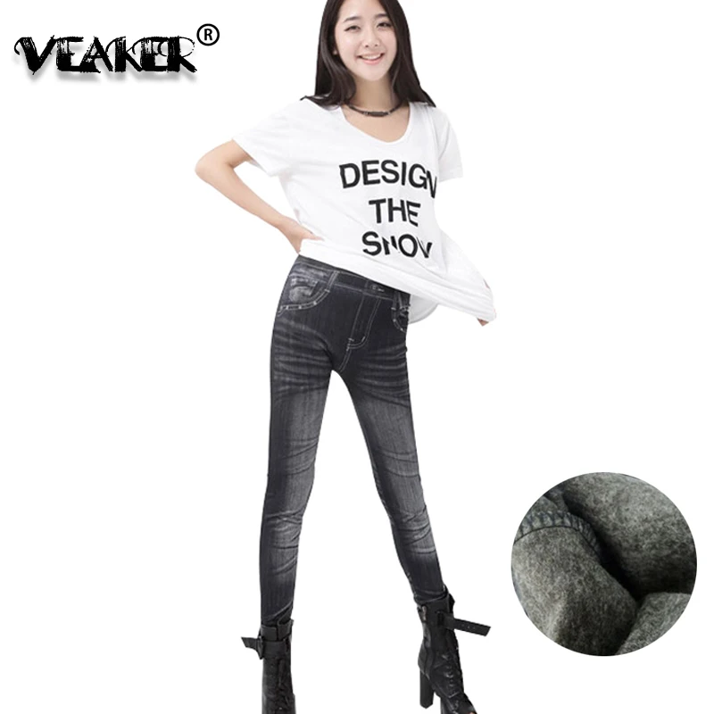 

2018 Women Winter Warm Fleece Leggings Denim Faux Suede Elastic High Waist Leggings Stretch Skinny Trousers