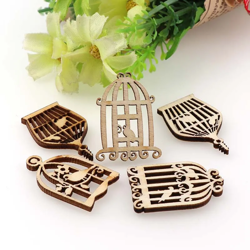 50Pcs DIY Wooden birdcage pendant Embellishments Crafts Scrapbooking Supplies Hand-made Graffiti Buttons