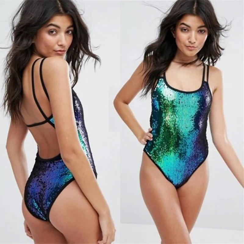 

2018 Shining Swimsuit High Waist Swimsuits Bandage Monkini Bodycon Bathing Suit Sequined Beach Bikini Push Up Summer Bikinis