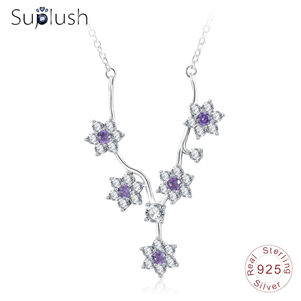 

Suplush 925 Purple CZ Flower Pendant Necklaces For Women Wedding Jewelry Silver Forget-me-not Collier Necklace PSNL0014-B