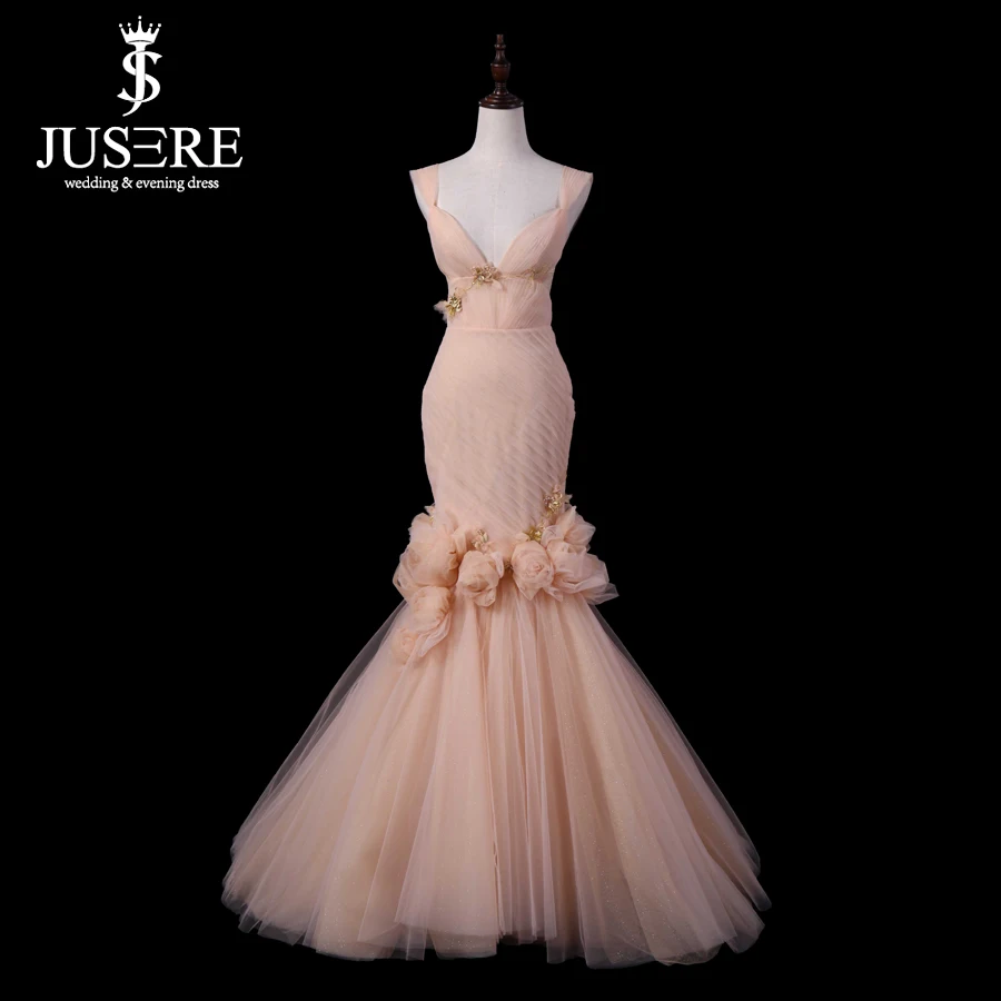 

Jusere Robe De Soiree Champagne Mermaid Evening Dress 2018 Lace-Up Back Hand Made Flower Pleat Beaded Floor Length Formal Gowns