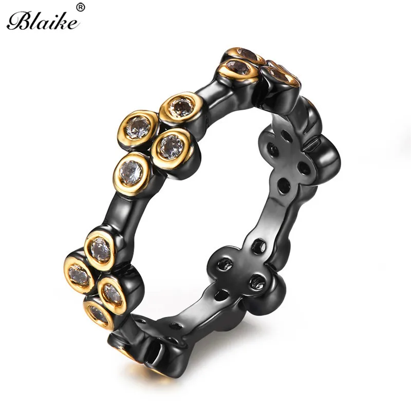 

Blaike Unique Bohemian Flower White Cubic Zirconia Rings For Women Vintage Black & Yellow Gold Filled Boho Ring Fashion Jewelry