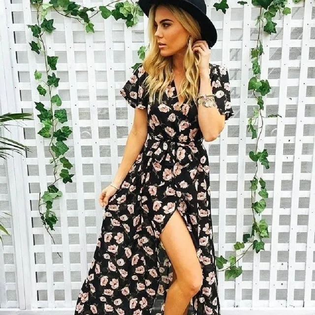 Women Long Maxi Dress 2019 Summer Floral Print Boho Beach Dress Short Sleeve Sexy Evening Party Dresses Tunic Chiffon Vestidos Dress Women's Women's Clothing