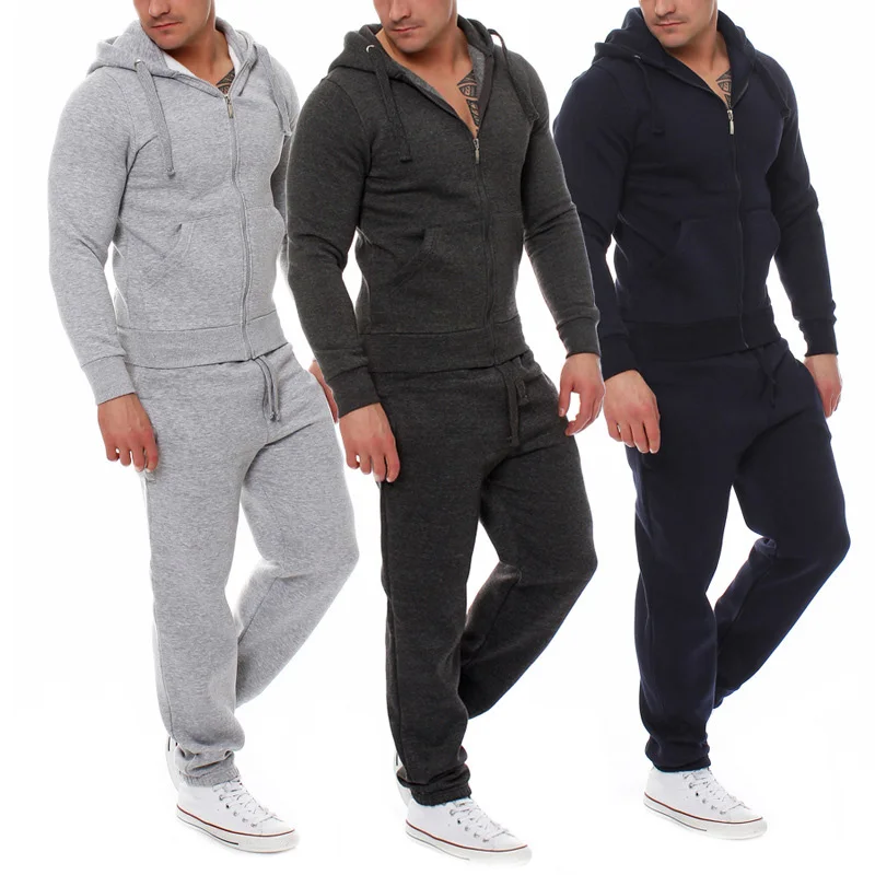 

2018 Men Autumn Solid Tracksuit Gym Sportwear Male Two Piece Hoodie+Pant Set Zipper Hooded Sweatshirt Running Clothing RS011