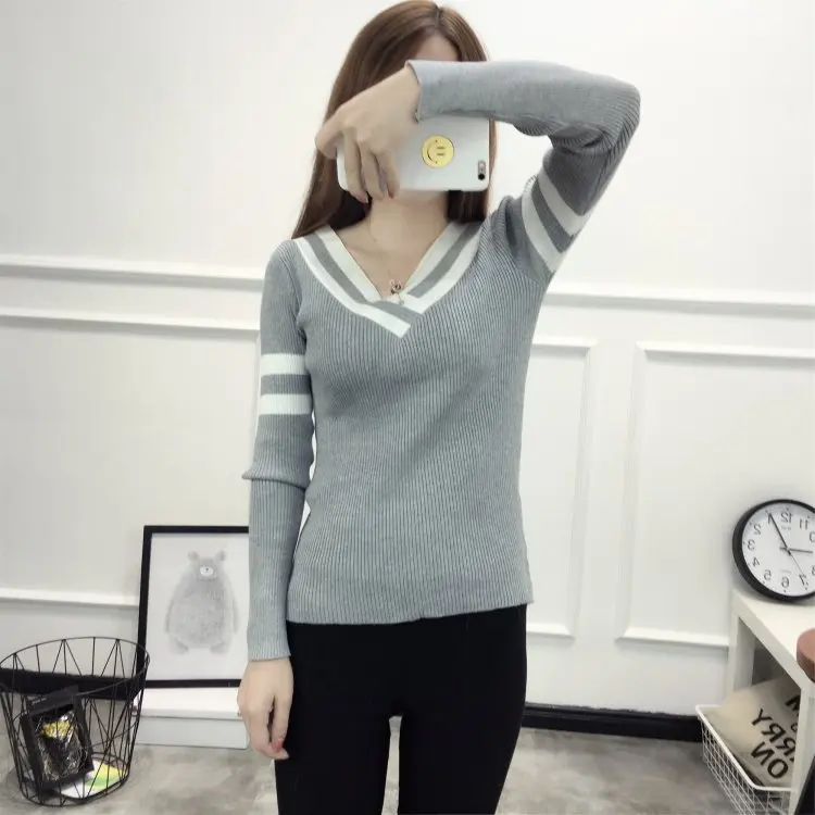 New Autumn Winter Woman's Sweater Bottoming Pullovers Slim Sweaters V Neck Sexy Long Sleeves Sweaters Black white Striped