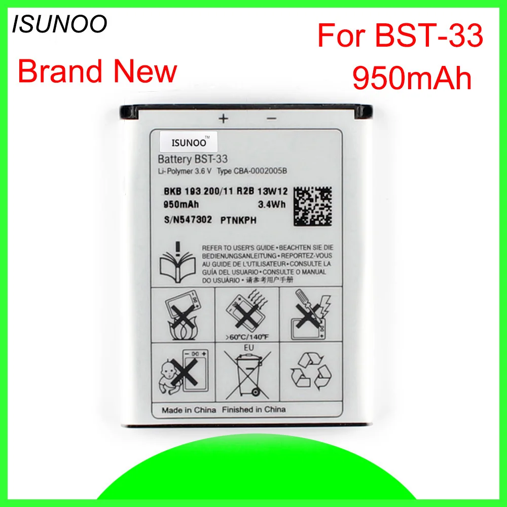 

ISUNOO 950mAh BST-33 BST 33 Battery Replacement For Sony Ericsson K800 I SATIO U1 W880I K810I W100I T700 T715