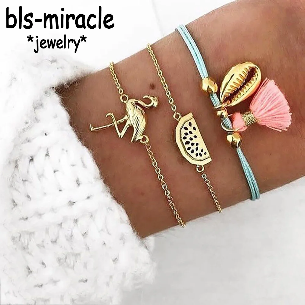 

3 Pcs/Set Boho Bird Tassel Charm Bracelets Set For Women Multilayer Shell Watermelon Chain Rope Statement Bracelet Jewelry Gifts