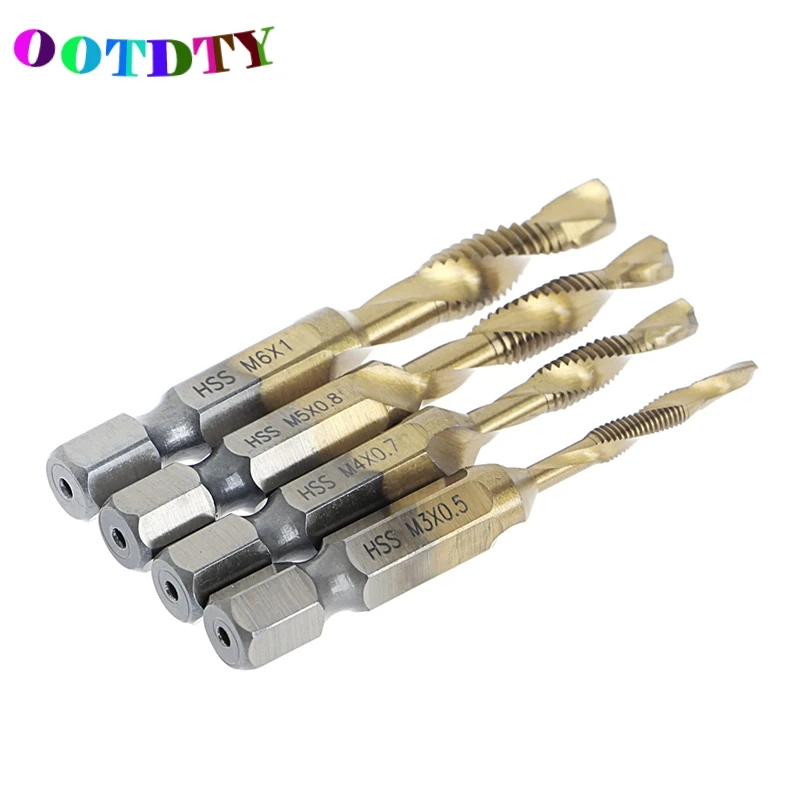 

OOTDTY 4Pcs/Set HSS4241 Titanium Coated Bits Drill Hex Shank Spiral Tap M3-M6