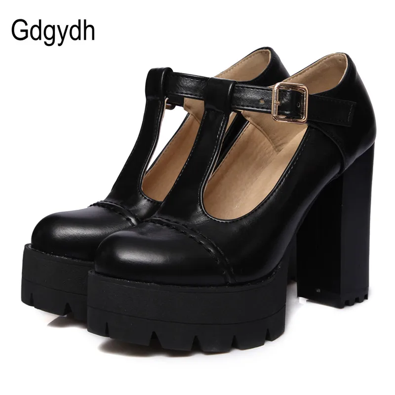 Gdgydh moda kadın pompaları yuvarlak ayak T-kayışı toka kadın tek ayakkabı kalın topuklu platformu kadın ayakkabı rus artı boyutu 43