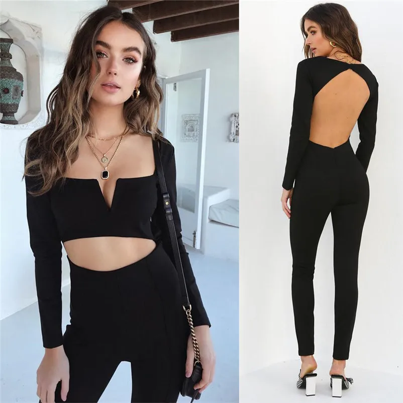 2018 summer jumpsuit woman Backless Casual Sexy Long Sleeve Bandage Bodysuit Skinny Pencil Jumpsuit pantaloni siamesi A16#N (10)