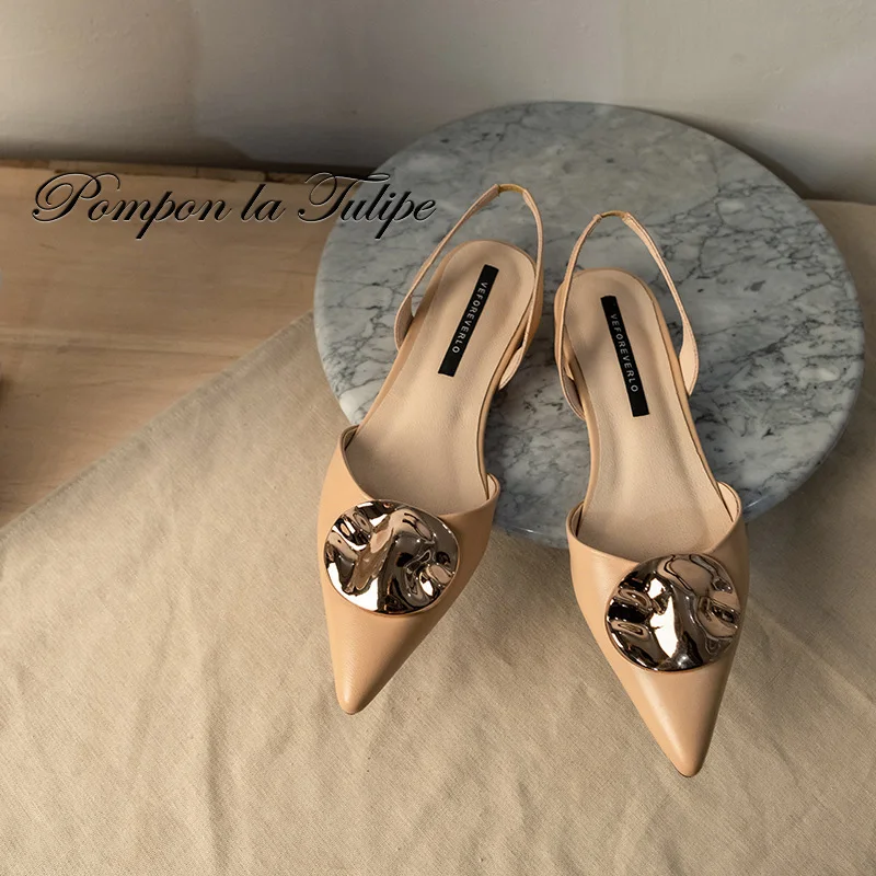 

BHS 901189 Chic Golden Metal 1CM Flats Slingback Genuine Leather Stylish Sandals Sheepskin Fashion Women Shoes Party Wedding