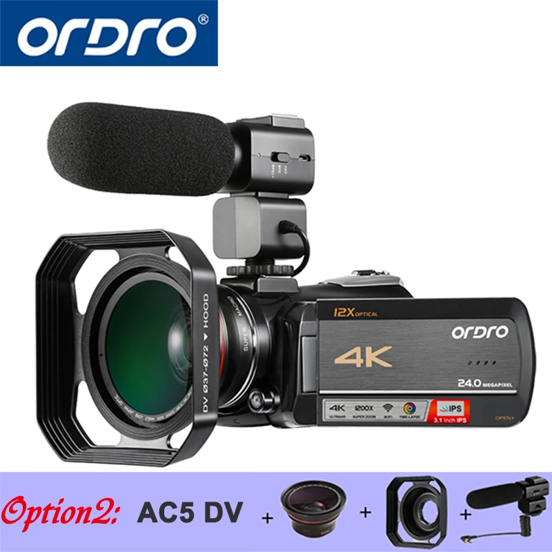 Ordro AC5 4K UHD цифровые видеокамеры FHD 24MP WiFi ips сенсорный экран 100X цифровой зум 12X