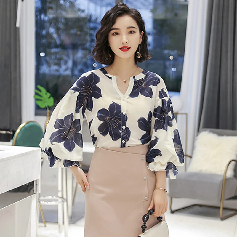 Najtaniej ZJYT Koreański Styl Moda Damska Topy i Bluzki 2018 Lato Jesień Flare Rękawem Flower Print Koszula Bluzka Elegancka Pani Urząd