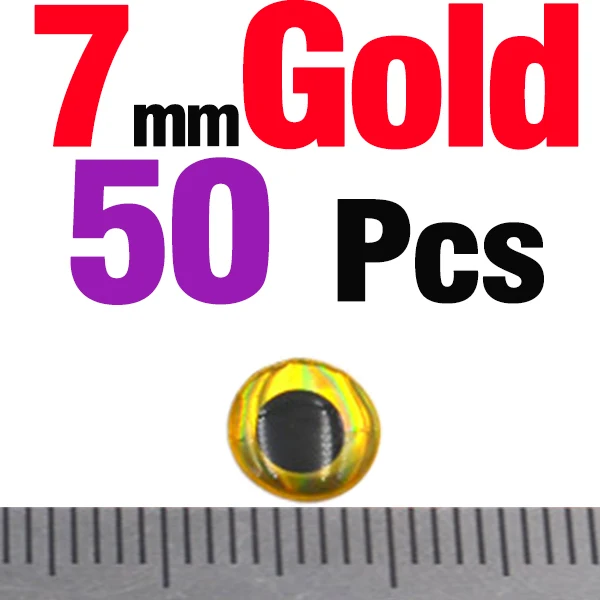 MNFT 50 шт./лот, 3 мм, 4 мм, 5 мм, 7 мм, 9 мм, Chartreuse Eyes, 3D голографическая приманка для рыбалки, завязывающая глаза, приманки - Цвет: 50PCS 7mm Gold