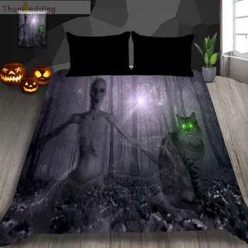 

Thumbedding Skull Bedding Set Halloween Lightening Cat Duvet Cover Set Twin Full Queen King Western Decoration Bed Set 3pcs