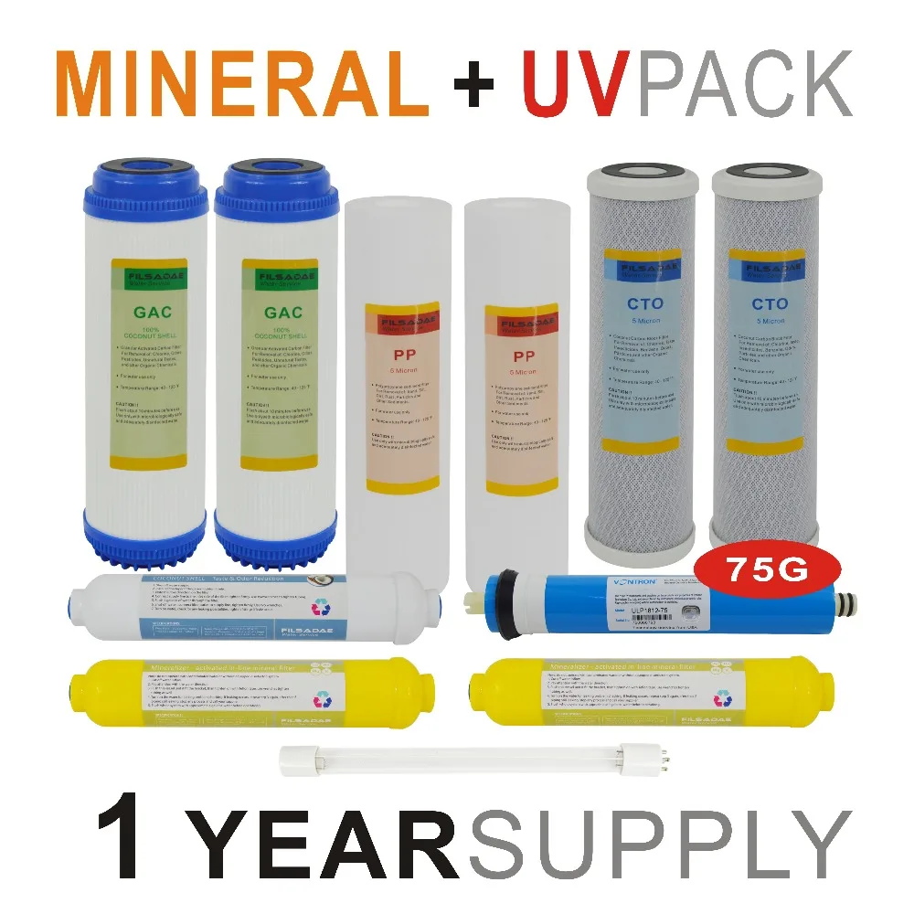 1 Year Supply Mineral Ultraviolet Reverse Osmosis System Replacement Filter Sets -11 Filters with UV Bulb and 75GPD RO Membrane 6 stage undersink ultraviolet reverse osmosis filtration system 50gpd with pressure gauge power supply 220 240v eu two pin plug