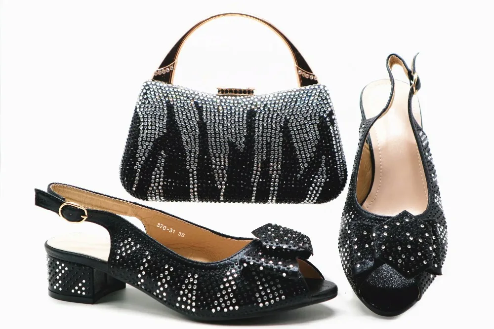 

Free shipping black stones low heel 1.78 inches sandal shoes with clutches bag italian shoes and bag to match lady lace SB8280-1