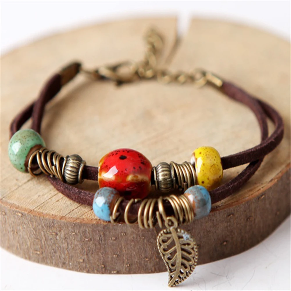 Women's Vintage Ceramic Bangle Hand Woven Handmade Rope Retro Leaf