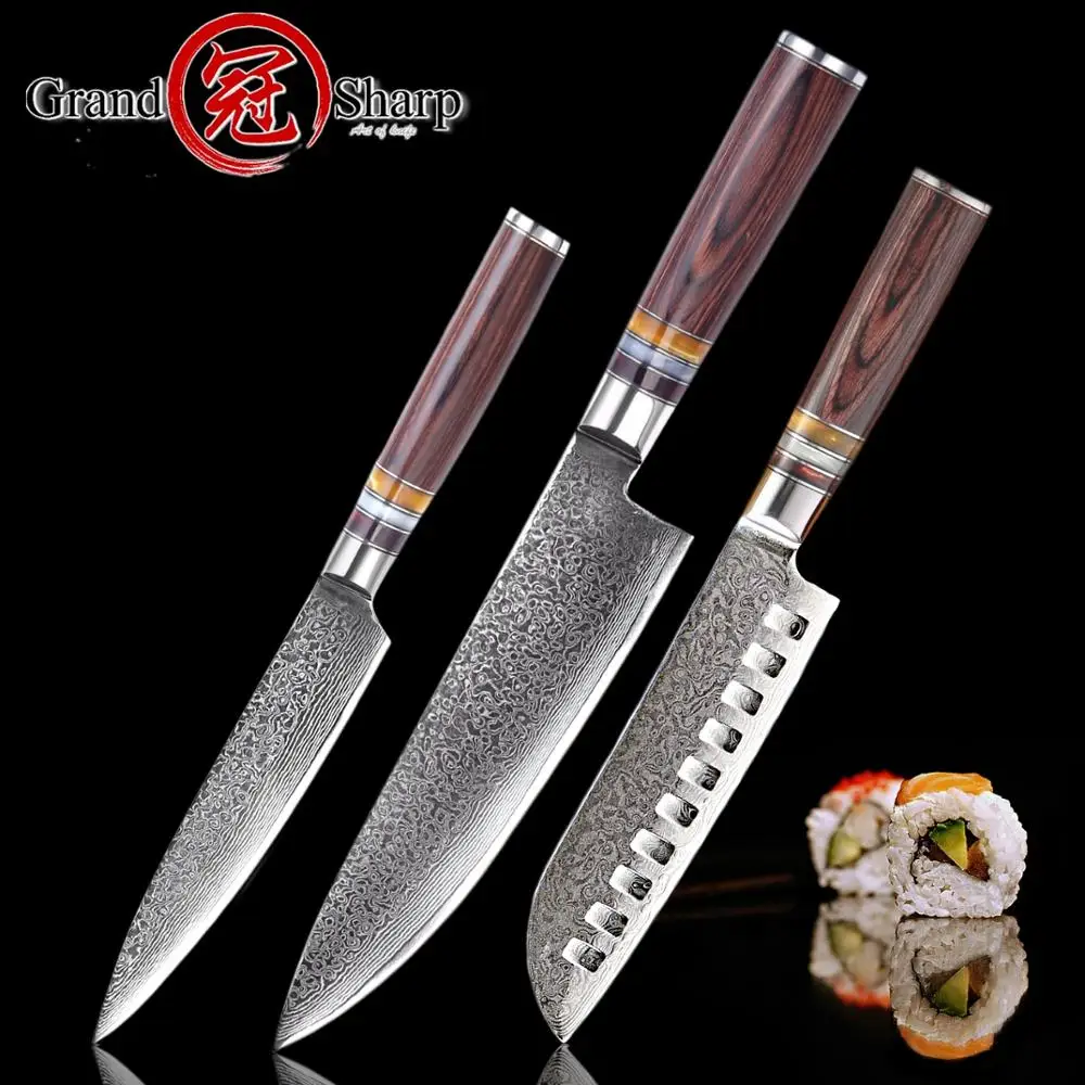 Kitchen Knife Set 3 Pcs Chef Santoku Utility Damascus Knives Japanese vg10 Damascus Stainless Steel Cooking Tools Chef Knives