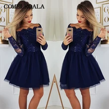 Элегантное темно-синее короткое платье для выпускного вечера, подростковое платье с длинными рукавами и открытыми плечами, кружевное мини-платье с блестками для женщин, коктейльное платье