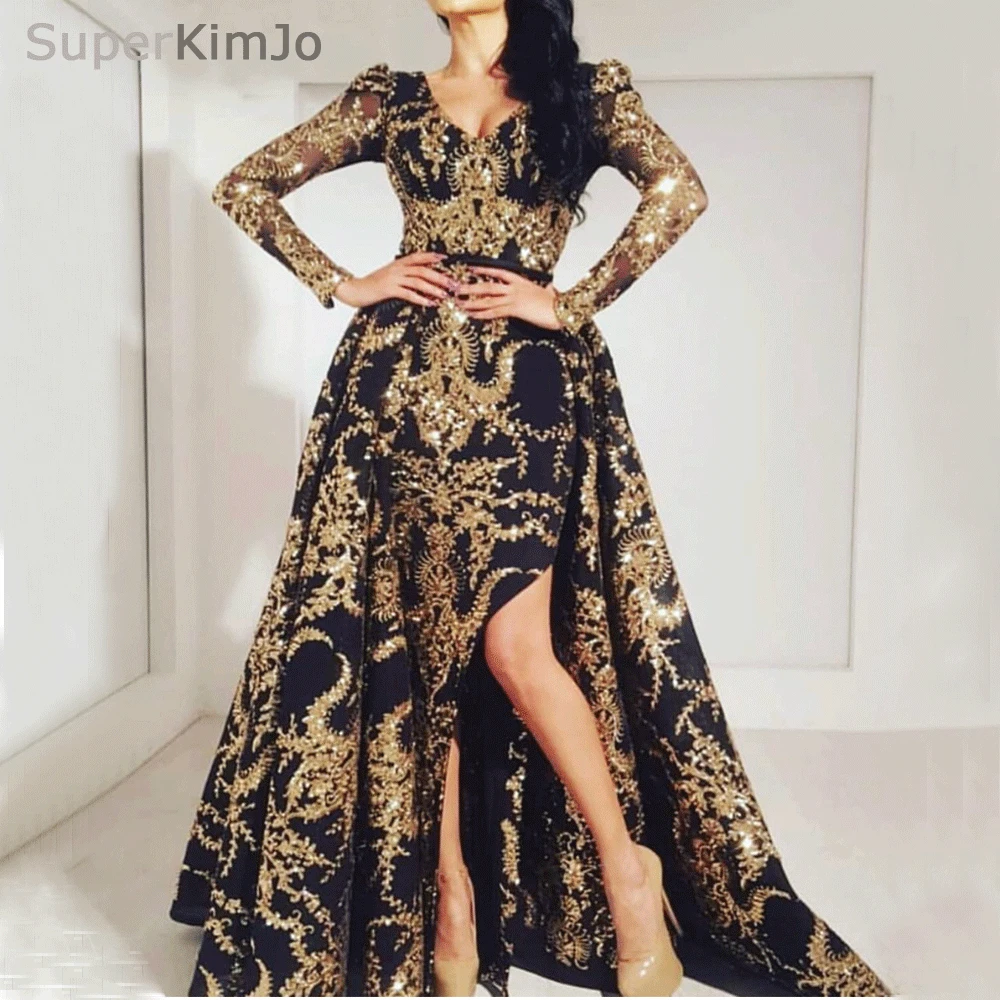 SuperKimJo Robe De Soiree Zwart en Goud Afneembare Rok Avondjurken 2019 Lange Mouwen Arabische Stijl Avondjurk SuperKimJo Robe De Soiree Zwart en Goud Afneembare Rok Avondjurken 2019 Lange Mouwen Arabische Stijl Avondjurk