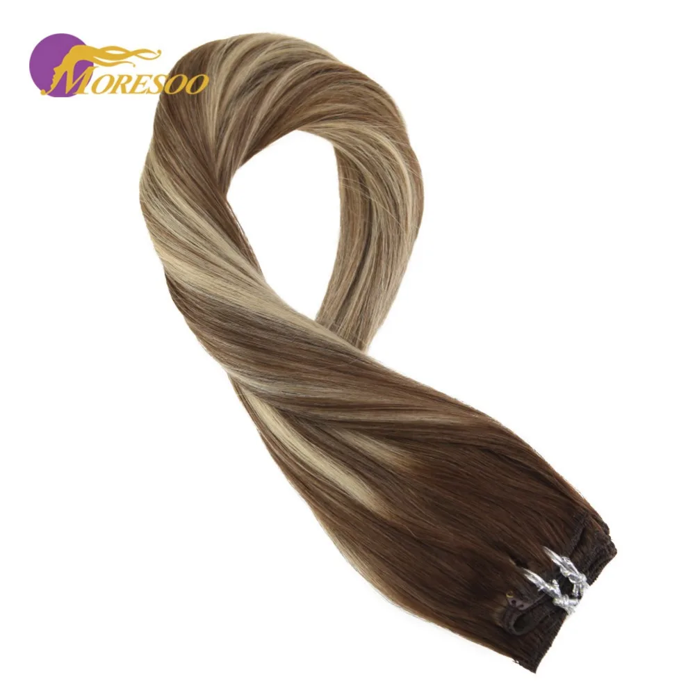 

Moresoo 100 Real Remy Hair Clip in Hair Extensions Brown #4 Fading To Brown #8 Highlighted With Blonde #22 Human Hair 9Pcs/100G