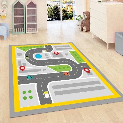 

Else Yellow Gray Road Play Game Traffic Kids Room 3d Print Non Slip Microfiber Children Kids Room Decorative Area Rug Mat