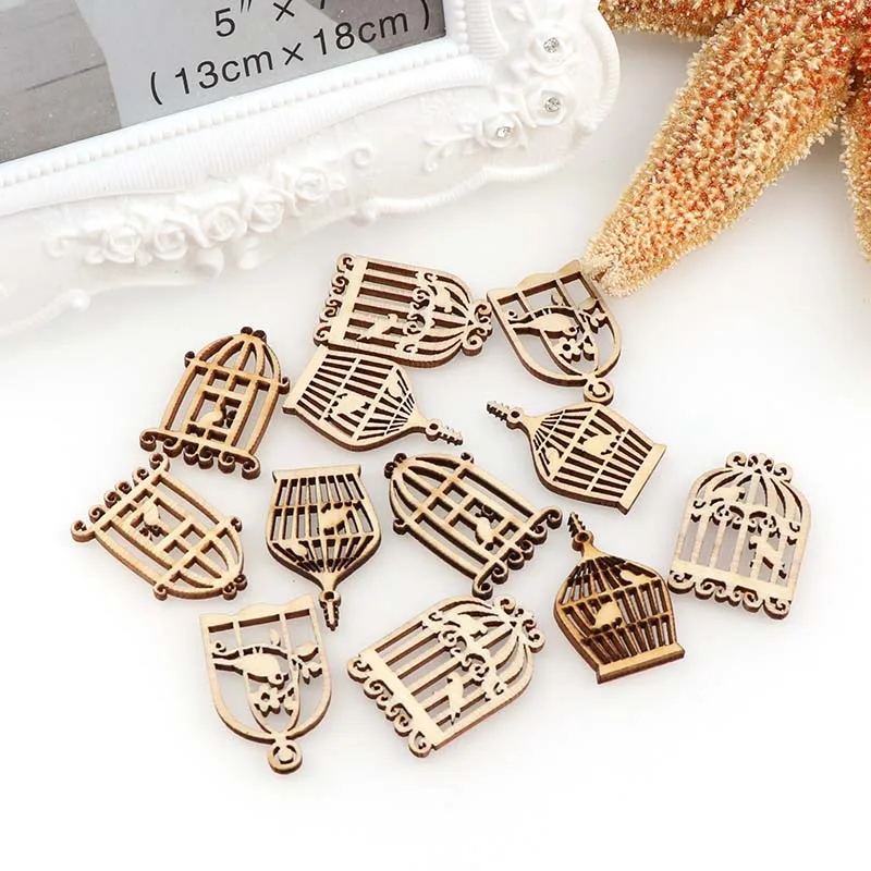 50Pcs DIY Wooden birdcage pendant Embellishments Crafts Scrapbooking Supplies Hand-made Graffiti Buttons