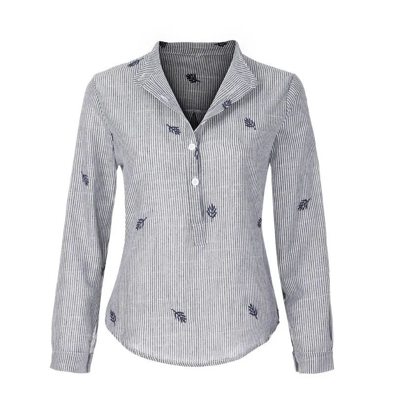Fashion womens tops and blouses summer Autumn 2018 Linen Striped Stand Collar Embroidery Long Sleeve Shirt camicette Y30#N  (7)