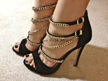 Gold Chain Sandals Women Open Toe Gladiator Sandals Women Shoes Cut-out Back Zipper-up High Heel Sandals Dress Shoes 2019 New high quality women fashion open toe red suede leather platform sandals cut out gold straps gladiator sandals high heel sandals