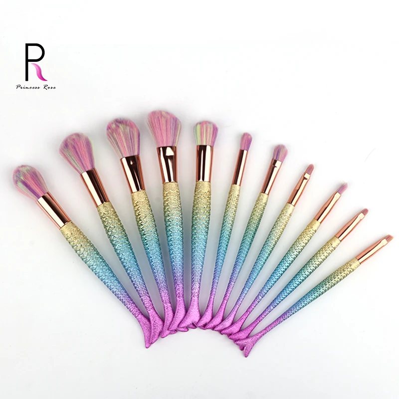 

Princess Rose 11pcs Fish Mermaid Tail Makeup Brushes Set Colorful Make Up Brush Kit For Eyes Eye shadow Eyebrow Foundation brush