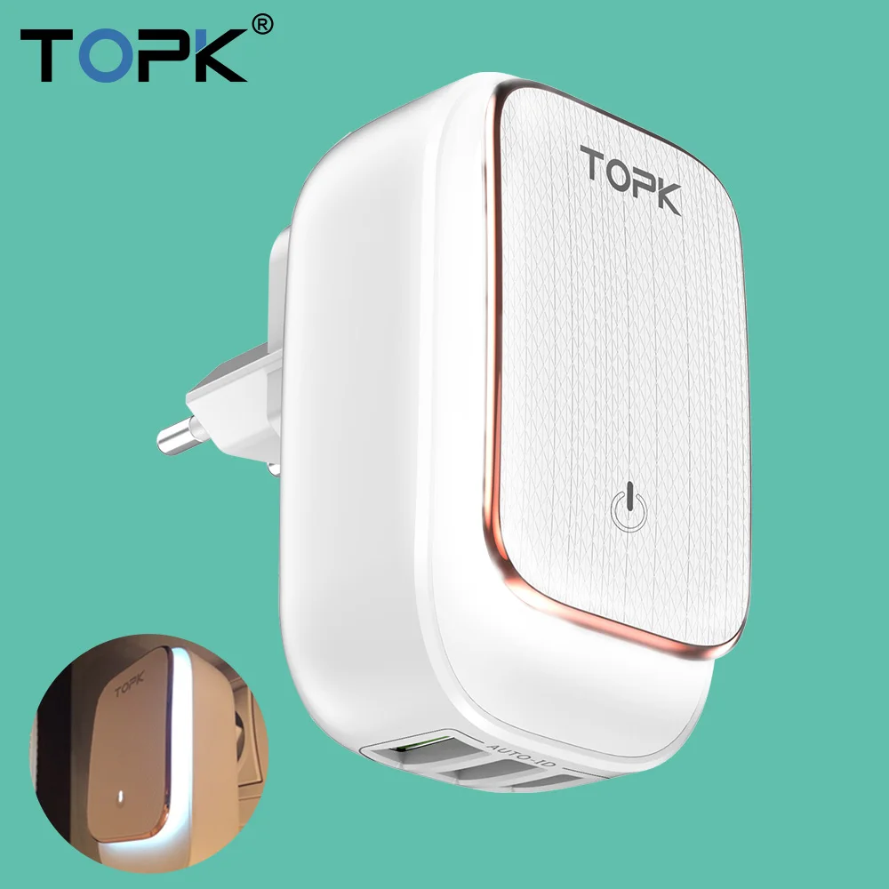 

TOPK 5V 3.4A(Max) 3-Port LED Lamp USB Charger Adapter 2-IN-1 Travel Wall EU&US Auto-ID Mobile Phone Charger for iPhone Samsung