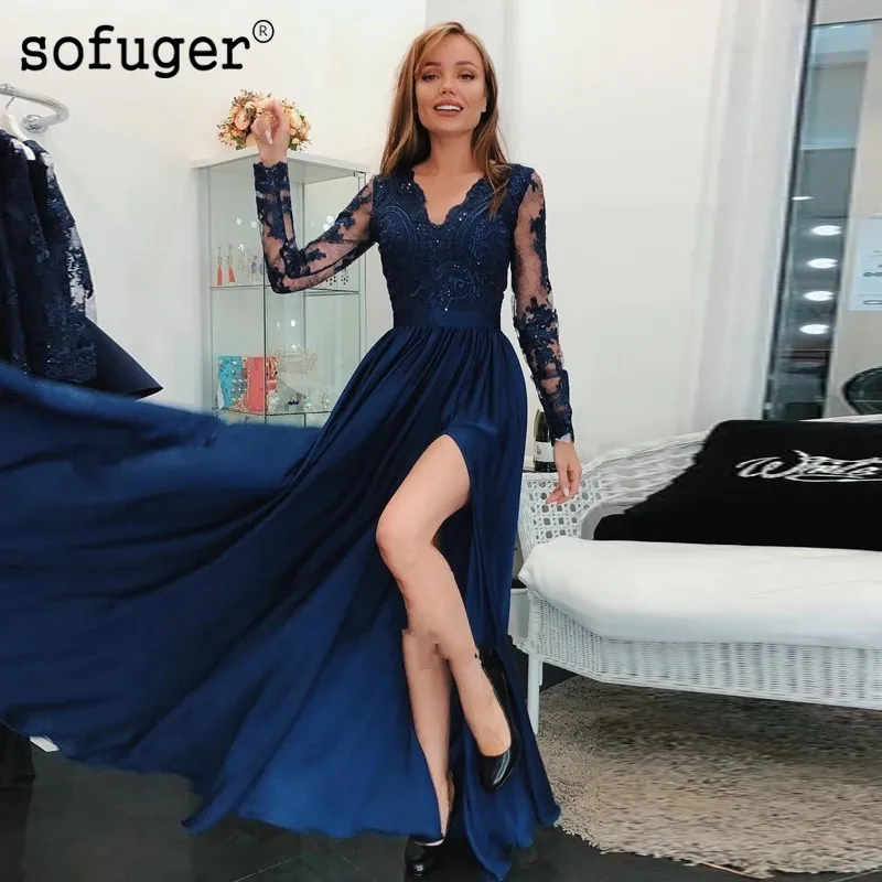 

Navy Blue Long Prom Dresses Appliqued Chiffon Evening Dress Women Party Gown Sexy High Slit 2019 New Elegant