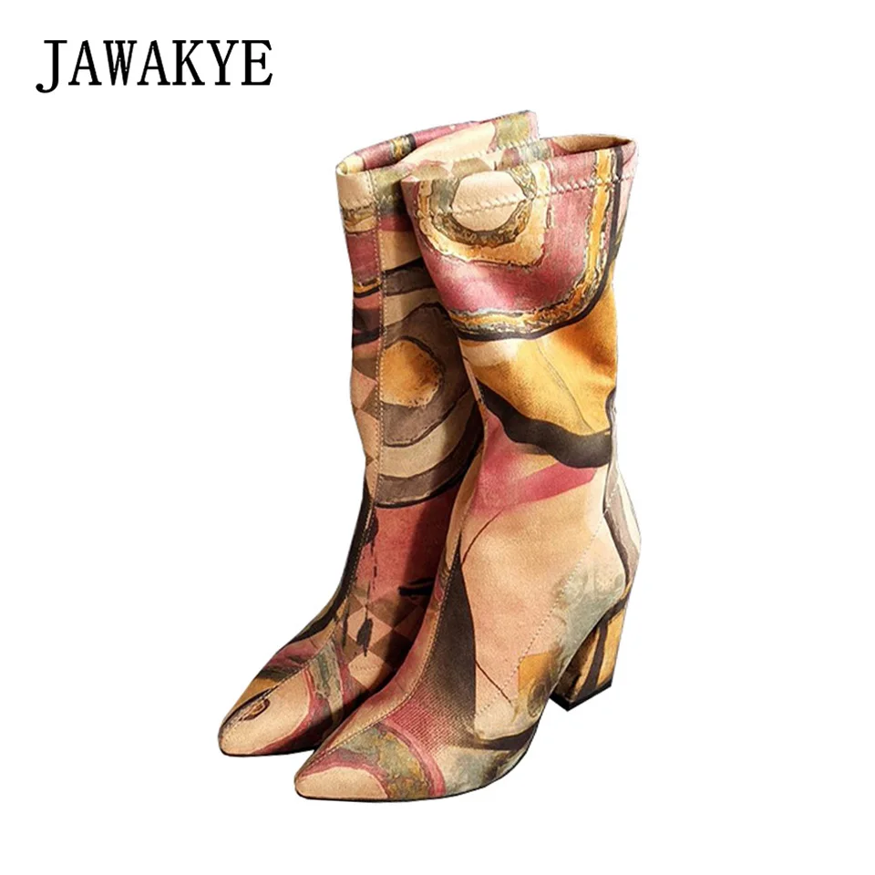 

JAWAKYE Painted graffiti elastic Short boots Mid Calf slip on Stretch fabric autumn Sock Shoes Woman Chunky high heel booties
