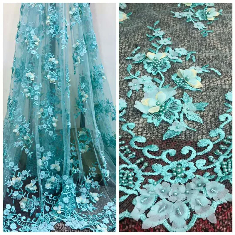 

Green Nigerian Lace Fabrics For Party, 3D Flower Beaded Lace Fabric, Wedding Lace Fabric On Sale F772-1