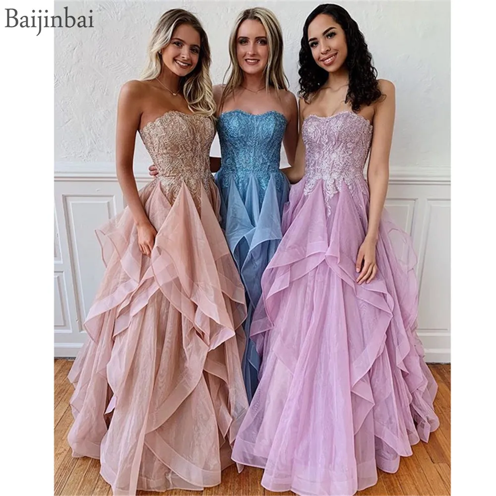 

Baijinbai Ruffle Tulle Ball Gown Prom Dresses Metallic Lace Strapless Sleeveless Vestido Longo Evening Dress Robe De Soiree Sexy