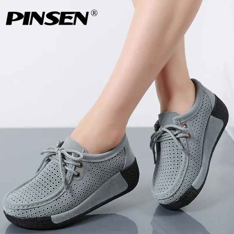 

PINSEN Women Flats Platform Shoes Suede Leather Lace up women Moccasins Creepers slipony Female Casual Summer Shoes Woman