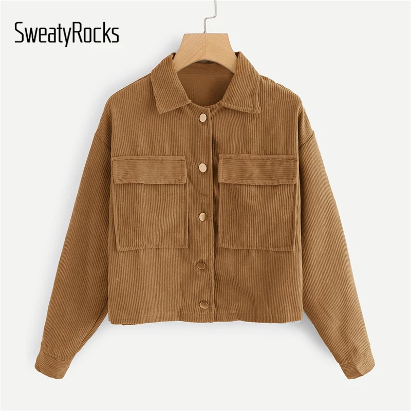 SweatyRocks الصلبة عارضة المزدوج جيب سروال قصير معاطف 2018 واحد الصدر بدوره إلى أسفل طوق قميص الخريف النساء سترة و قمم