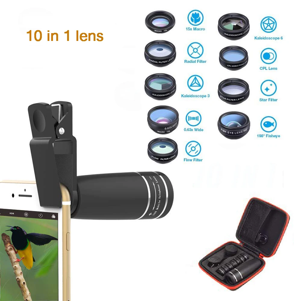 10 in 1 Cell Phone Camera Lens Kit Zoom Telephoto Fisheye Wide Angle 15x Macro +CPL/Flow/Radial/Star Filter for all phones | Мобильные