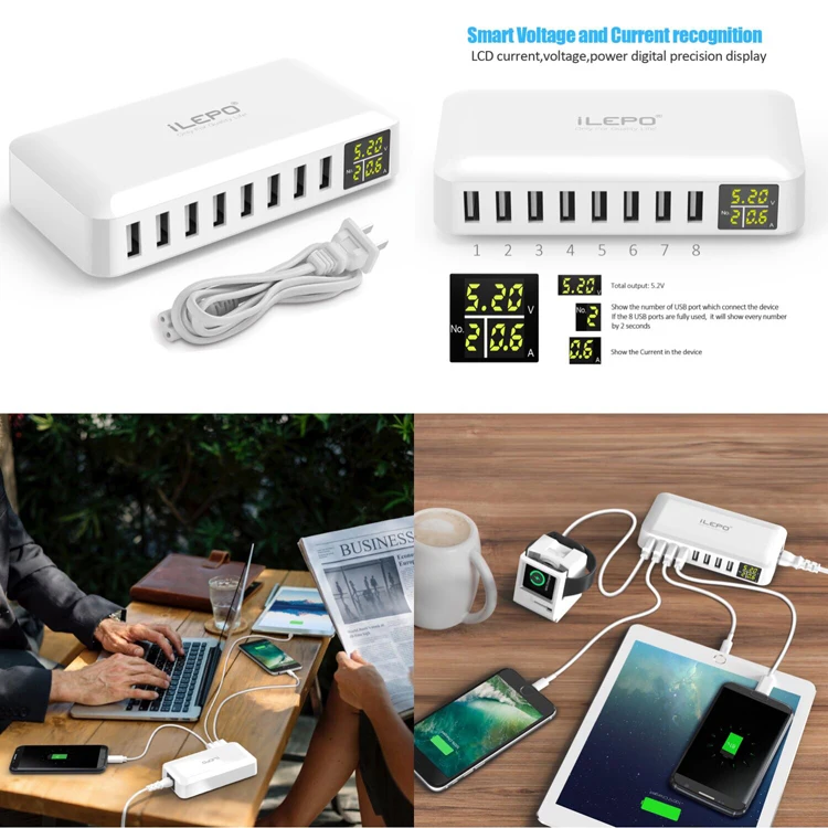 

iLEPO USB Charger 8 ports with Smart LCD display wall charging Station for iPhone Samsung Huawei Xiaomi phone charger