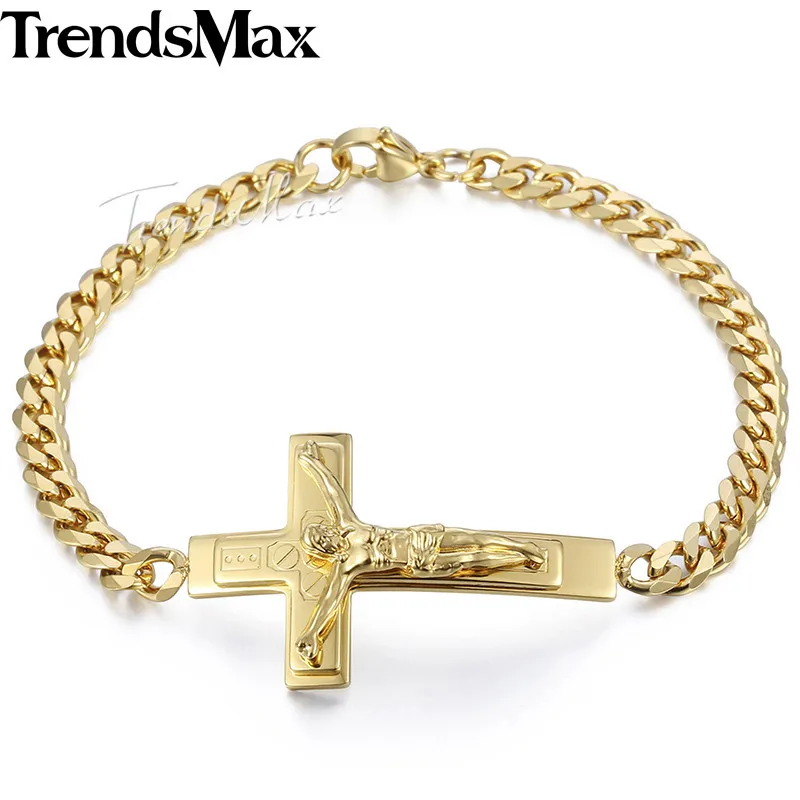 Мужские браслеты золотого цвета, браслет из нержавеющей стали с крестиком Иисуса, мужские ювелирные изделия, 5 мм, 21,5 см, KKB548