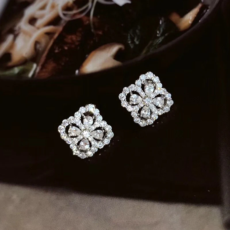 

Brand Pure 925 Sterling Silver Jewelry For Women Lotus Flower Earrings Flower Earrings Luck Clover Design Wedding Party Earrings