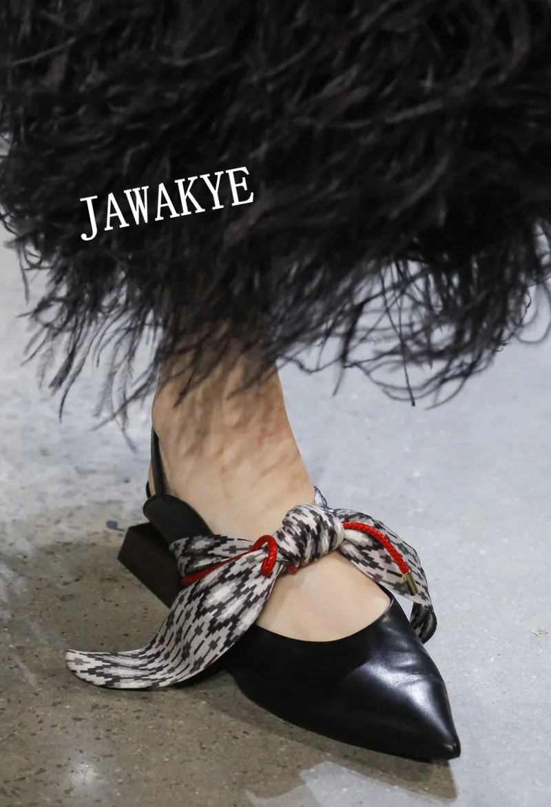 JAWAKYE/вечерние туфли на деревянном квадратном каблуке; женские туфли для подиума из натуральной кожи с шелковым бантом и острым носком; женские слинбэки