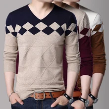 Мужской модный цветной трикотажный пуловер с v-образным вырезом, свитер с длинными рукавами, теплый топ