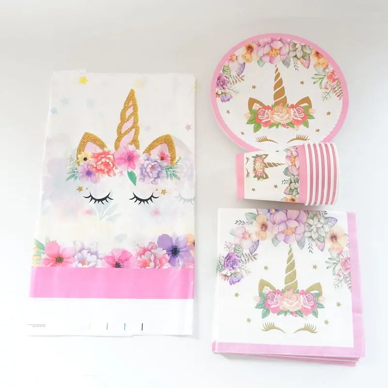 

61PCS Happy Birthday Party Cups Napkins Beautiful Unicorn Theme Wedding Decoration Tablecloth Baby Shower Girls Favors Plates