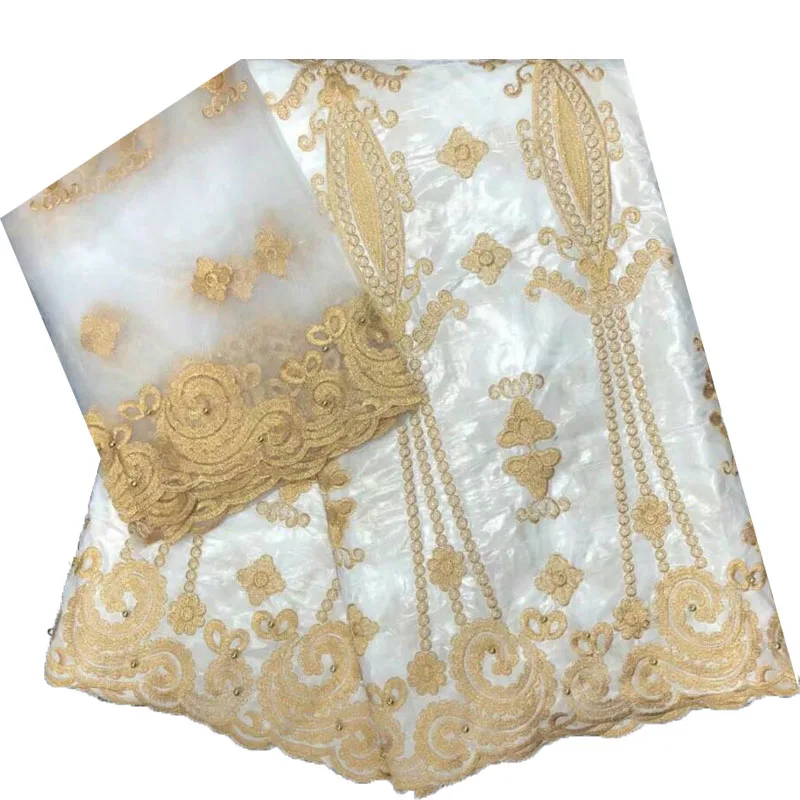 

Most Popular 7 Yards Bazin Riche Getzner 2018 White/Gold Embroidery Africa Lace High Quality Lace Fabric With Beads L79-1