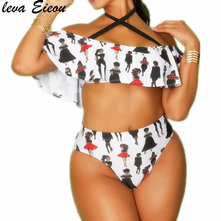 Cute Printed High Waist Plus Size Bikinis Set Women Summer Beach Baths