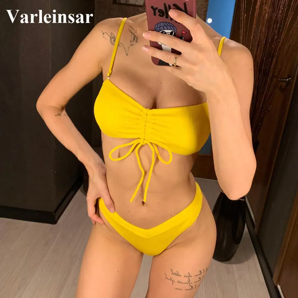 

NEW High Leg Cut Bikini 2019 Women Swimwear Female Swimsuit Two-pieces Bikini set Bandeau Bather Ribbed Bathing Suit Swim V1367