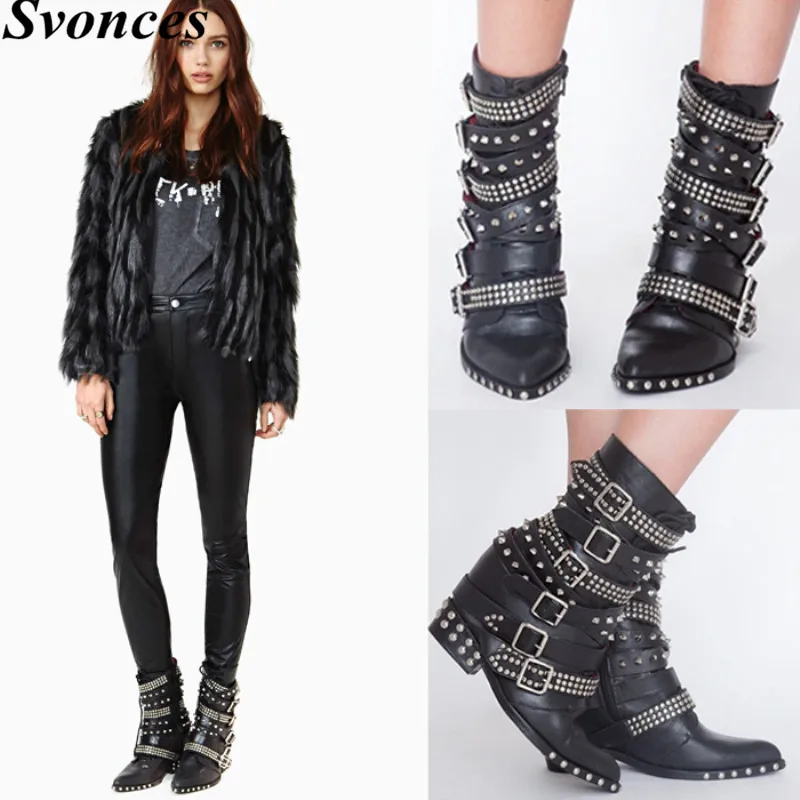 

Black Punk Buckle Ankle Boots For Women Studded Straps Hidden Wedge Heel Motorcycle Boots Shoes Women Zapatos Mujer Martin Boots